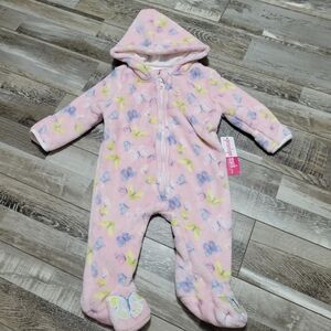 New Baby Girl Soft Sherpa Long-Sleeve Hooded Jumpsuit Pink Butterfly 6/9 Months